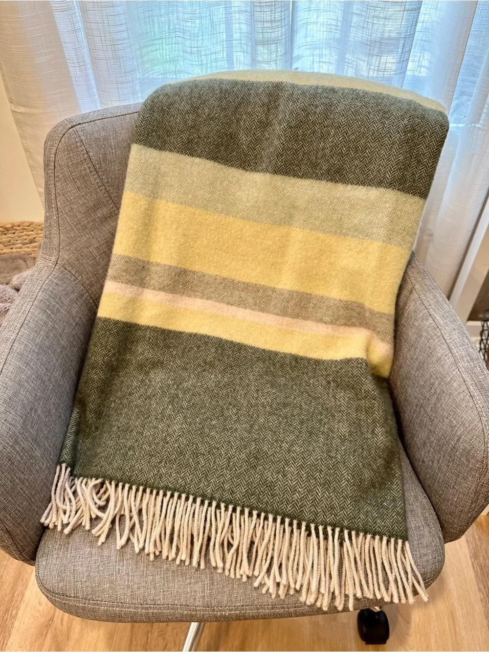 John Hanley Green Striped Throw 100% Lambs Wool from Ireland